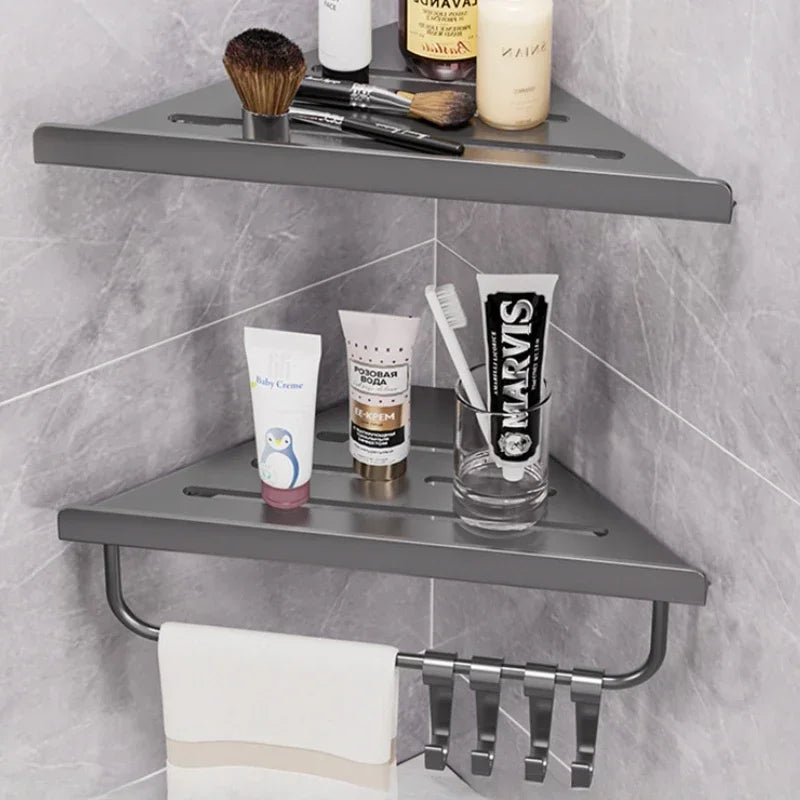 Bathroom Triangle Drain Shelf No Drilling Wall Mounted Cosmetic and Toiletries Hollow Carbon Steel Shelf with Hooks    Home Decor Supply | Online Retail | ShoreShopper.com