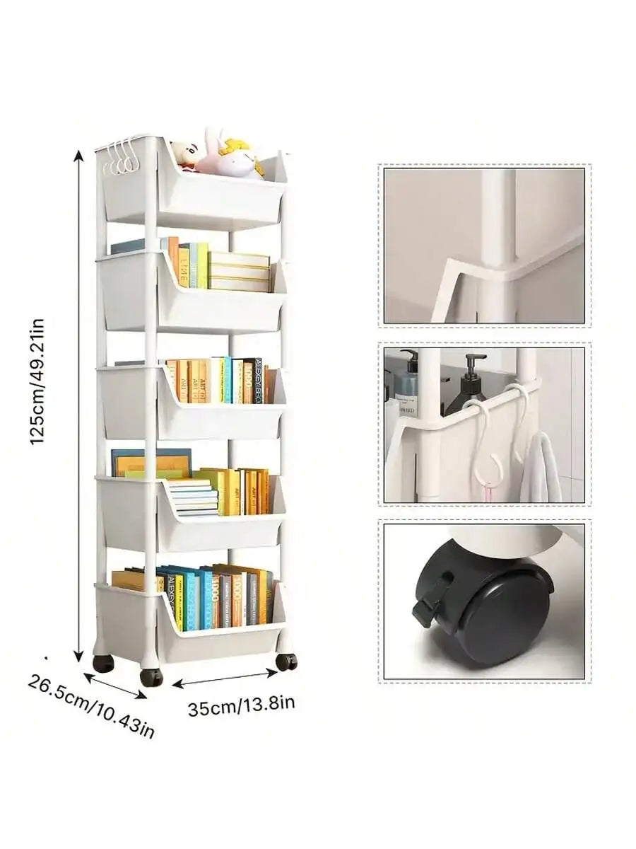 Multi-Tier Rolling Storage Cart, Slim Rolling Cart with Storage Bins and Hooks - Space-Saving Organizer, 360° Rotating Storage C    Home Decor Supply | Online Retail | ShoreShopper.com