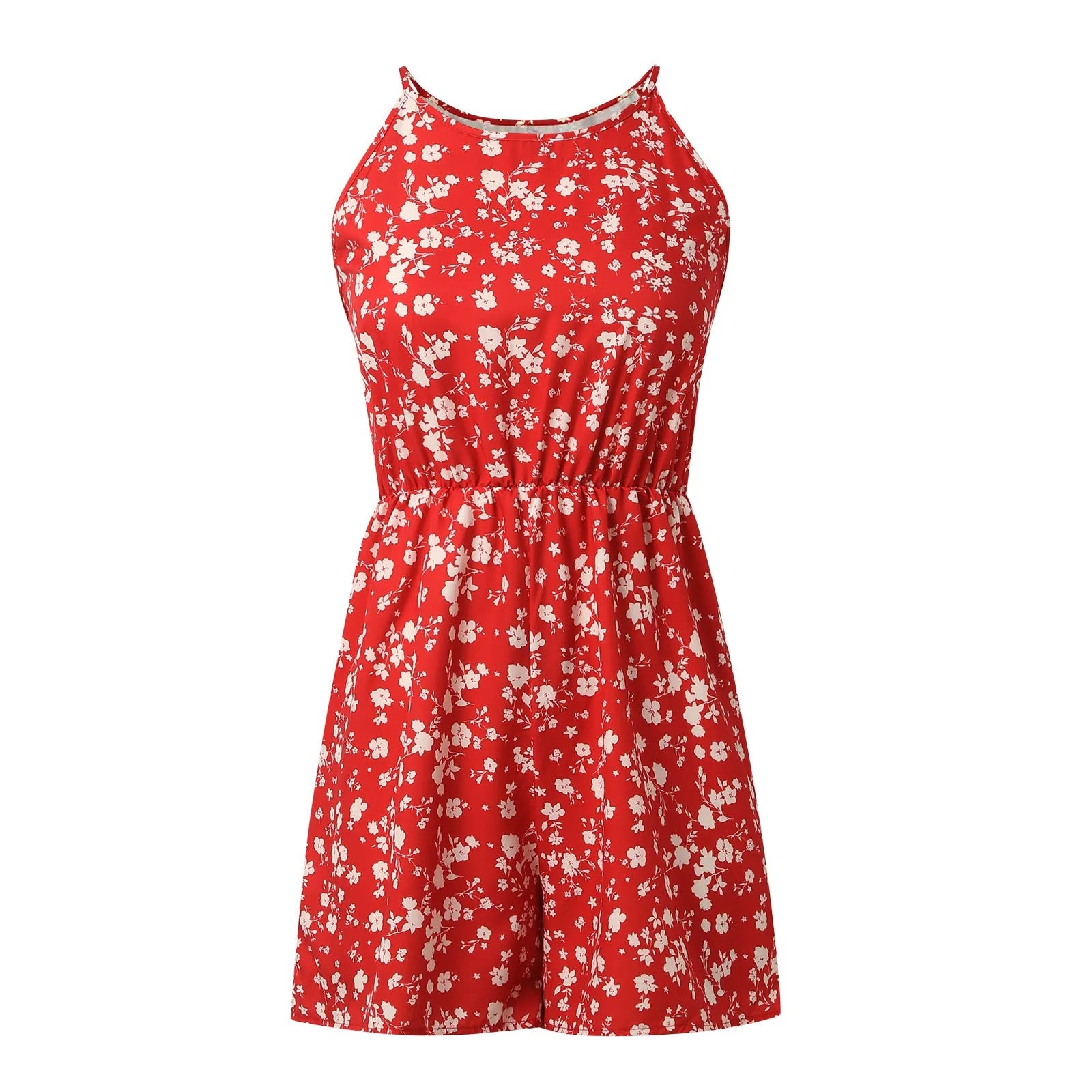 Fashion Women Romper Floral Printed Halter Neck High Waist Sleeveless Jumpsuits Summer Vintage Lace Up Casual Beach Overalls - ShoreCo.Shop