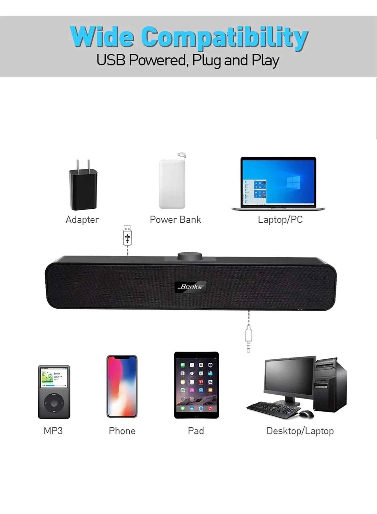 B Computer Speakers with 3.5 mm Aux, Small PC Speakers Powered by USB, USB Soundbar for Monitor，Wired USB Desktop Speaker,