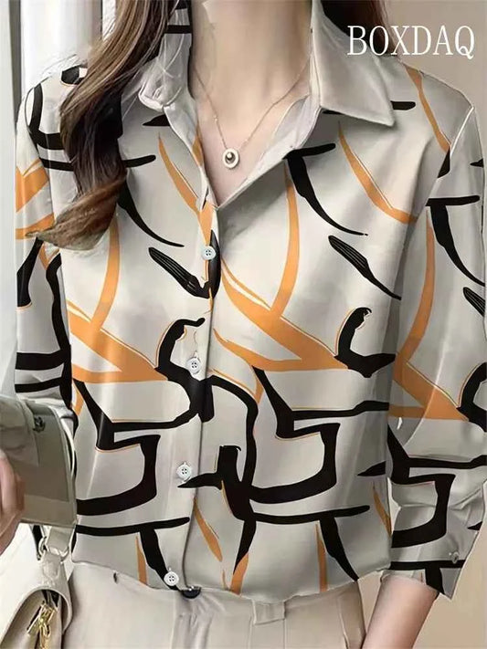 Women Shirt 2025 Autumn Clothes Women Vintage Blouses Office Lady Long Sleeve Blouse Button Up Lapel Shirts OL Print Womens Tops