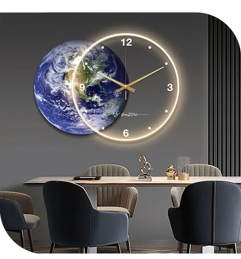 Large Wall Clock Luxury Dining Room Living Room Moon The Earth Modelling LED Light Silent Movement Bedroom Clock Wall Decoration    Home Decor Supply | Online Retail | ShoreShopper.com