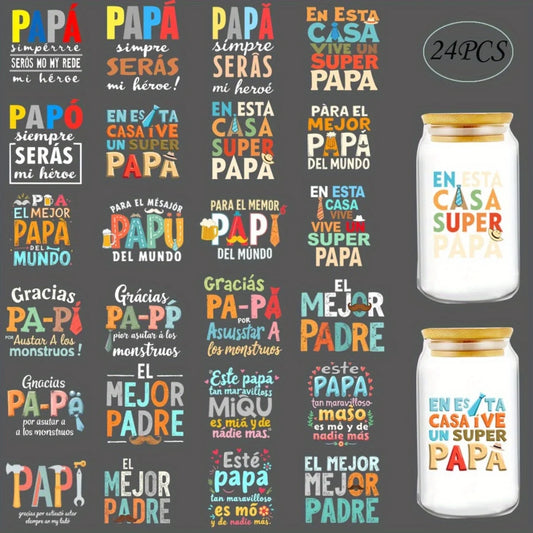 24Pcs/Set Father's Day Quotes Spanish DIY Glass Jars Wrap Stickers Coffee Cups UV DTF Transfers Decor Sticker On Mugs