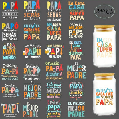 24Pcs/Set Father's Day Quotes Spanish DIY Glass Jars Wrap Stickers Coffee Cups UV DTF Transfers Decor Sticker On Mugs