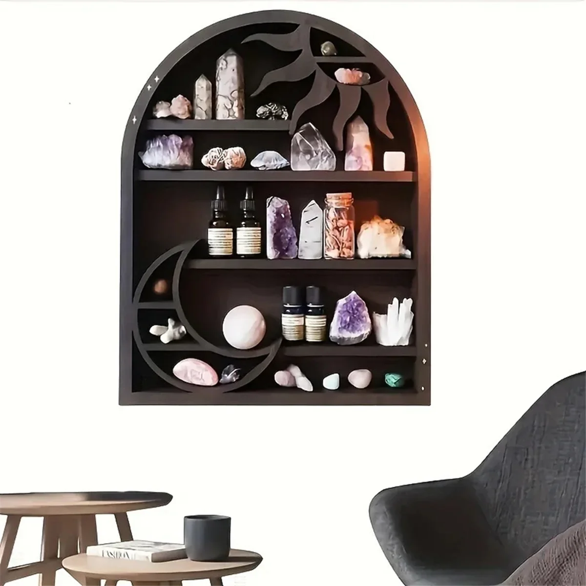 Wood Storage Shelf - Stylish and Practical Wall Shelf, Crescent Sun and Moon Crystal Shelf    Home Decor Supply | Online Retail | ShoreShopper.com