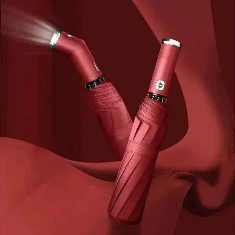 Travel Umbrella with Built-In LED Flashlight Rotating Handle Windproof 10-Rib UV Protection Automatic Open Design