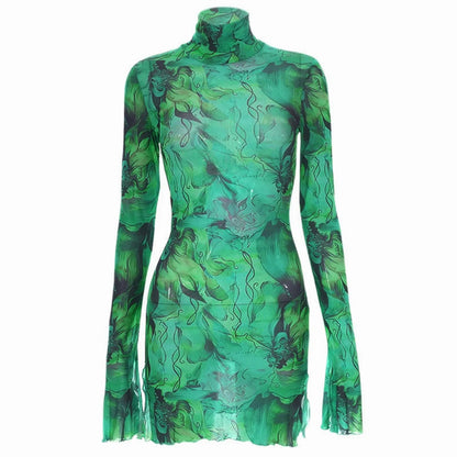 Top Selling Mesh Printed Round Neck Womens Dresses For Teens Plus Size Bell Sleeve Side Open Hip Dress Vestidos Para Mujer    Home Decor Supply | Online Retail | ShoreShopper.com