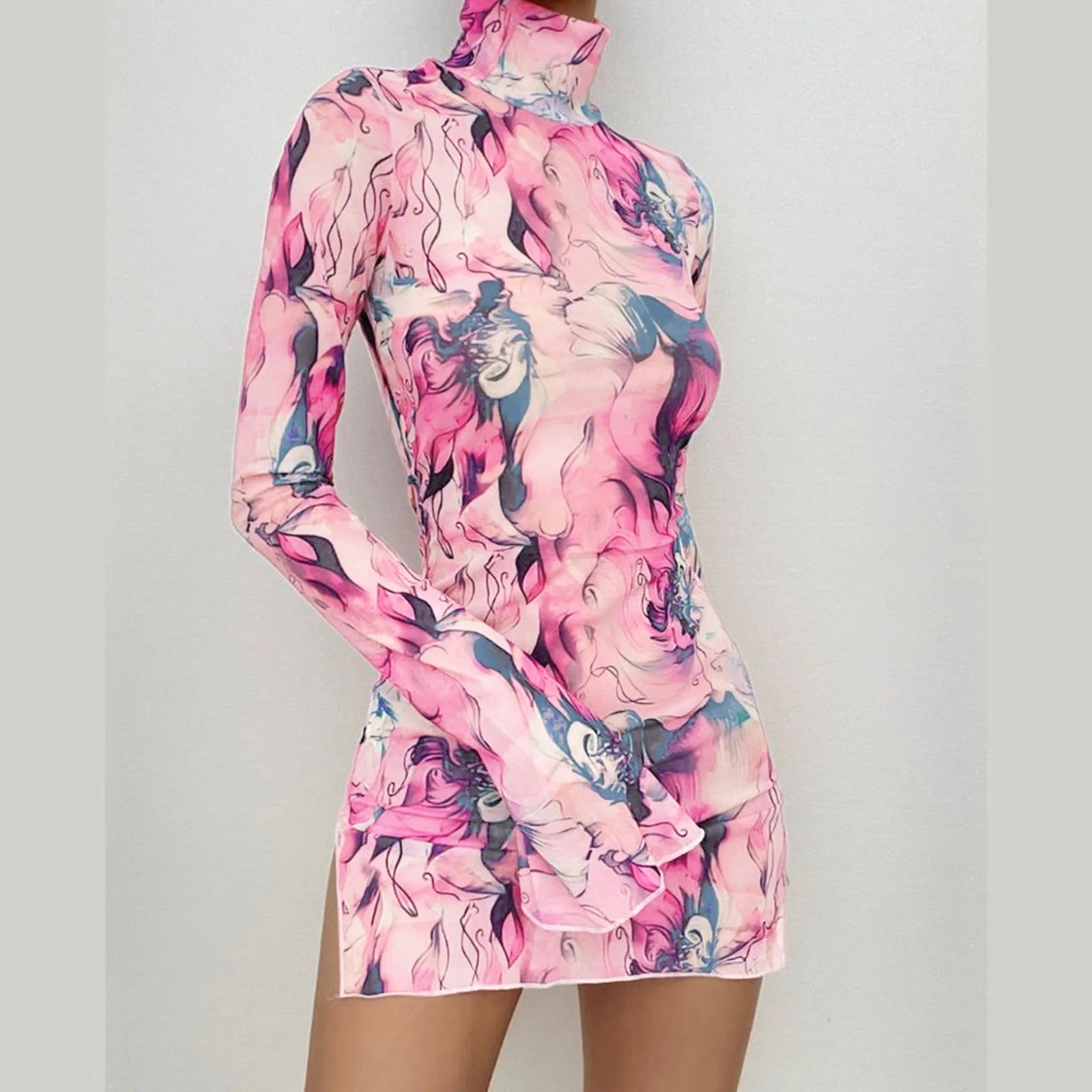 Top Selling Mesh Printed Round Neck Womens Dresses For Teens Plus Size Bell Sleeve Side Open Hip Dress Vestidos Para Mujer    Home Decor Supply | Online Retail | ShoreShopper.com
