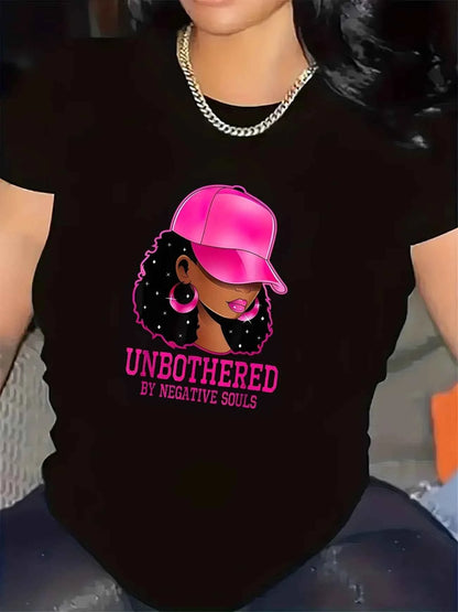 T-Shirt for Women, Unbothered Graphic Design for Casual Wear in Living Room Comfortable Fabric, Stylish Pink Cap Illustration,