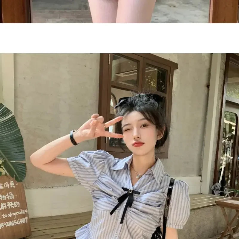 Bow-rinked Striped Shirt for Women Summer French Sweet and Spicy Puff Sleeve Shirt Short Short Sleeve Top    Home Decor Supply | Online Retail | ShoreShopper.com