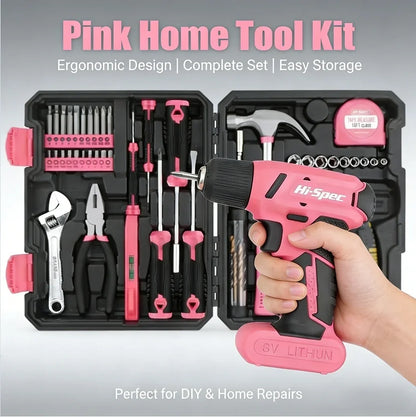 Hi-Spec 92-Piece Pink Home Tool Box Set, Multi-Function Hand Repair Kit with Hammer Cordless Power Drill Combo for Household DIY - ShoreCo.Shop