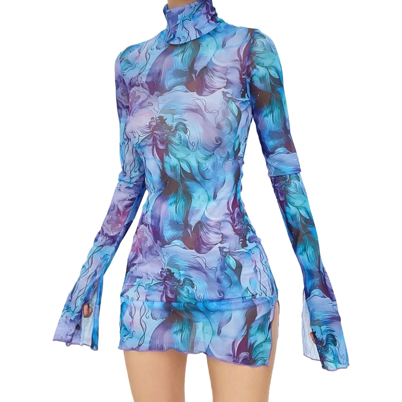 Top Selling Mesh Printed Round Neck Womens Dresses For Teens Plus Size Bell Sleeve Side Open Hip Dress Vestidos Para Mujer    Home Decor Supply | Online Retail | ShoreShopper.com