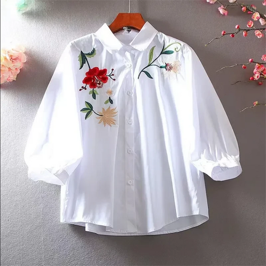 Embroidered Shirt For Women Blouse Artistic Blous Retro Woman Blouse Loose Top Lapel Cardigan Summer Leisure Woman Clothes Shirt