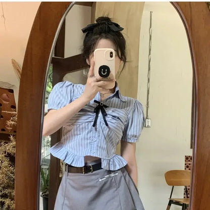 Bow-rinked Striped Shirt for Women Summer French Sweet and Spicy Puff Sleeve Shirt Short Short Sleeve Top    Home Decor Supply | Online Retail | ShoreShopper.com