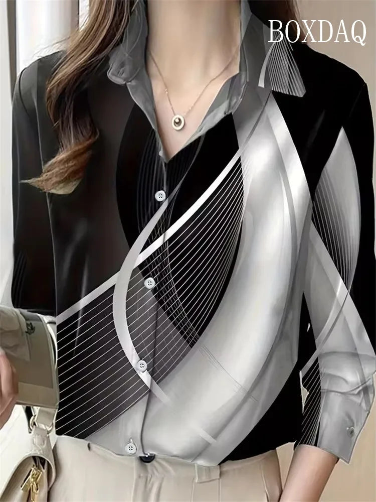 Women Shirt 2025 Autumn Clothes Women Vintage Blouses Office Lady Long Sleeve Blouse Button Up Lapel Shirts OL Print Womens Tops    Your Coastal Marketplace | Shoreshopper.com