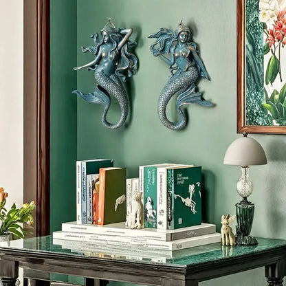 Retro Distressed Blue Mermaid Figurine Resin Mermaid Wall Art Decor Nautical Tabletop Statue for Bathroom Bedroom Seaside House    Your Coastal Marketplace | Shoreshopper.com