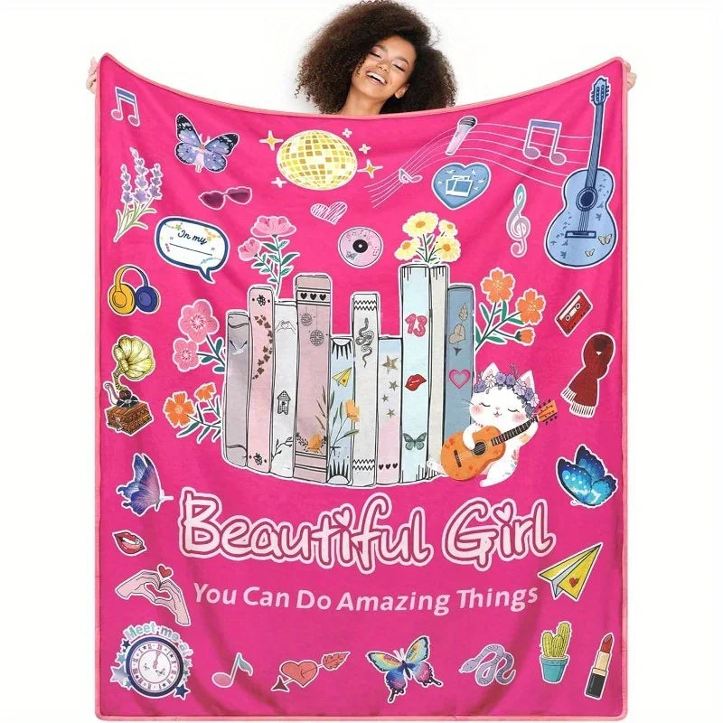 Pink Flannel Throw Blanket 60"x50" - Music & Book Lover Design with Butterflies, Flowers & Inspirational Quotes    Home Decor Supply | Online Retail | ShoreShopper.com