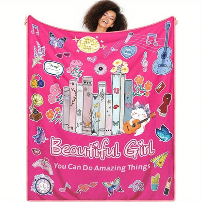 Pink Flannel Throw Blanket 60"x50" - Music & Book Lover Design with Butterflies, Flowers & Inspirational Quotes    Home Decor Supply | Online Retail | ShoreShopper.com