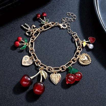 Cherry Jewelry (Ring/Bracelet Optional) - Gold Tone Crystal Charm Adjustable Cute Y2K Jewelry Accessory Daily Party Holiday Gift    Home Decor Supply | Online Retail | ShoreShopper.com