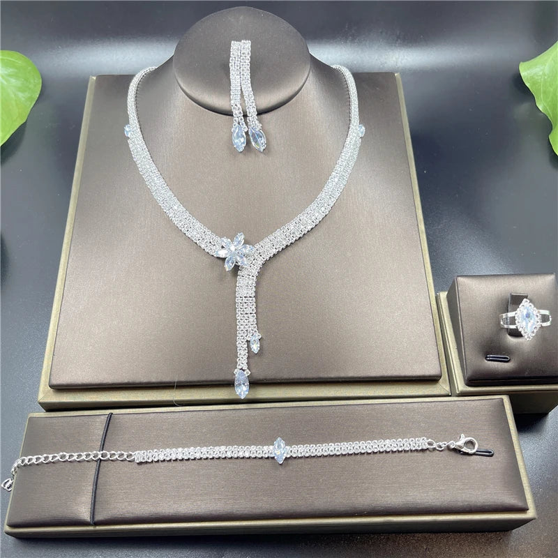 Fashion Crystal Bridal Jewelry Sets Silver Color Geometric Choker Necklace Earrings Bracelet Ring Four-piece Wedding Jewelry Set    Home Decor Supply | Online Retail | ShoreShopper.com