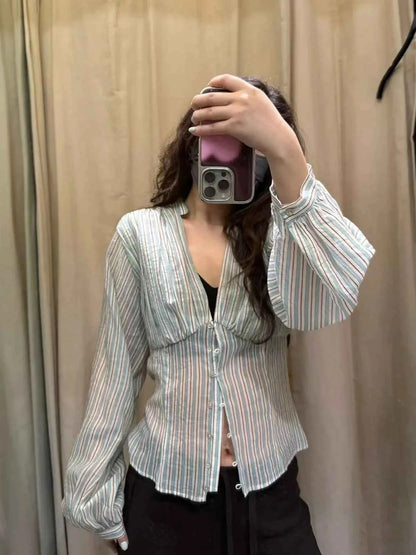 Women Sexy Shirts Spring Summer New Female V-Neck Long Sleeve Shirt Waist-Cinching Striped Tops Lady Chic Casual Holiday Blouses