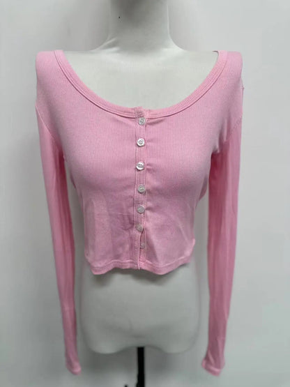 Single Breasted Tshirt Long Sleeve Crop Top Solid Color T Shirts For Women Streetwear Slim Fit Lady Outfit Camisetas Ropa Mujer    Your Coastal Marketplace | Shoreshopper.com