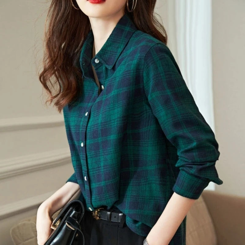 Women's Shirt New Spring Autumn Long Sleeve Single-breasted Polo-neck Casual Printing Plaid Office Lady Elegant Fashion Cardigan    Your Coastal Marketplace | Shoreshopper.com