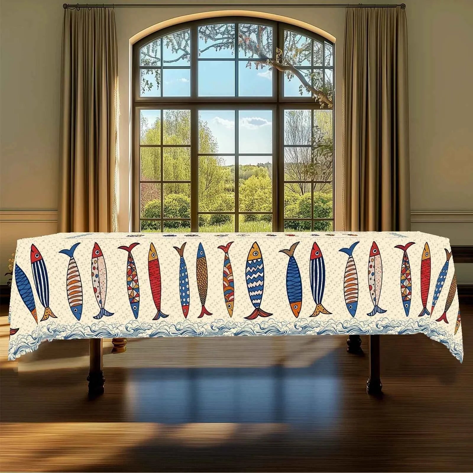 1pc Blue Fish Tablecloth, Ocean-themed Home Decoration, Summer Decor, Gift for Fishing Lovers, Polyester