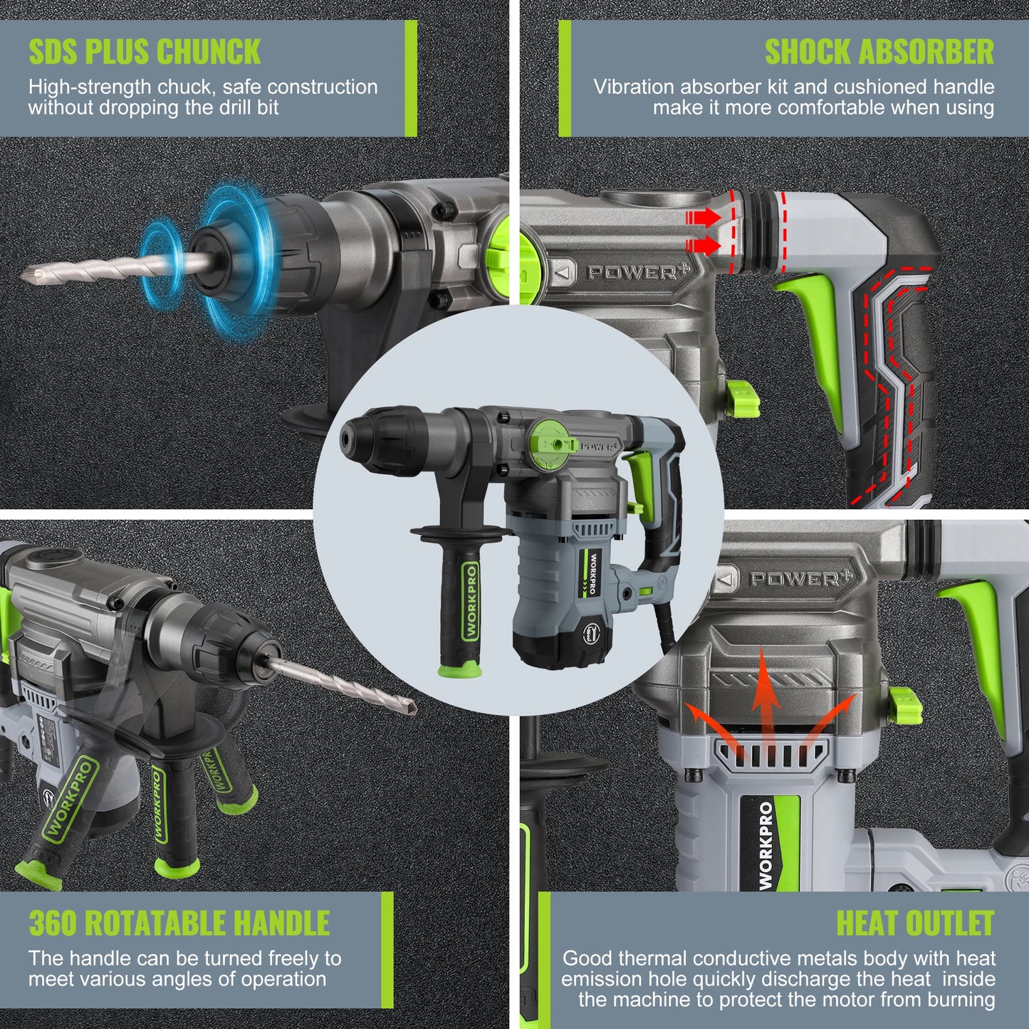 WORKPRO  12.5 AMP Heavy Duty Rotary Hammer Drill for Concrete 32mm MAX, Steel 13mm MAX,Wood 42mm MAX. - ShoreCo.Shop