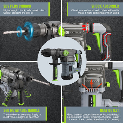 WORKPRO  12.5 AMP Heavy Duty Rotary Hammer Drill for Concrete 32mm MAX, Steel 13mm MAX,Wood 42mm MAX. - ShoreCo.Shop