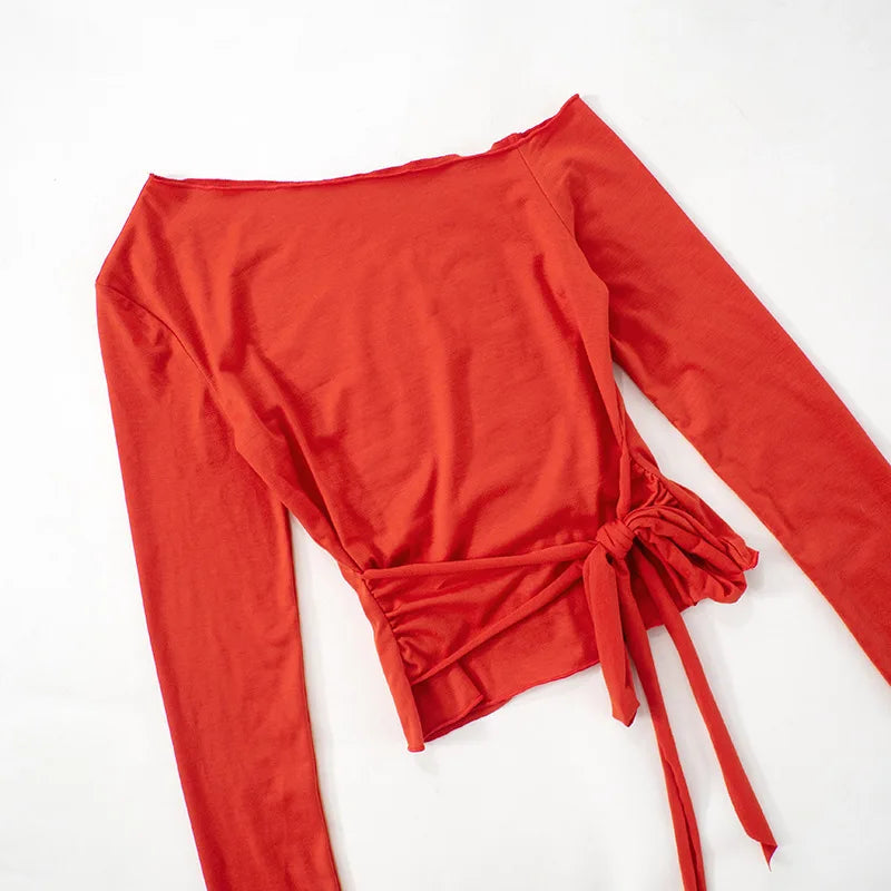 One Shoulder T Shirts For Women Aesthetic Clothes Sashes Crop Top Y2k Accessories Long Sleeve Lady Tshirt Ropa Mujer Camisetas    Your Coastal Marketplace | Shoreshopper.com