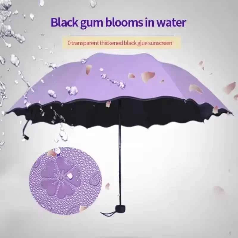 Umbrella Encountering Water Flowering 3-Fold Handheld Travel Umbrella UV Protection Portable Rain Umbrella with Parasol Frame