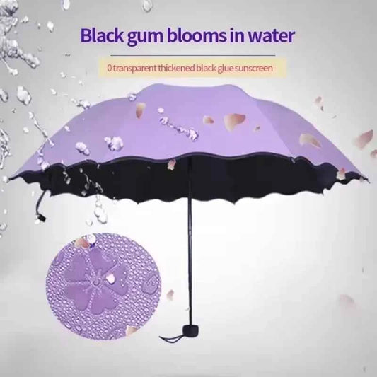 Umbrella Encountering Water Flowering 3-Fold Handheld Travel Umbrella UV Protection Portable Rain Umbrella with Parasol Frame