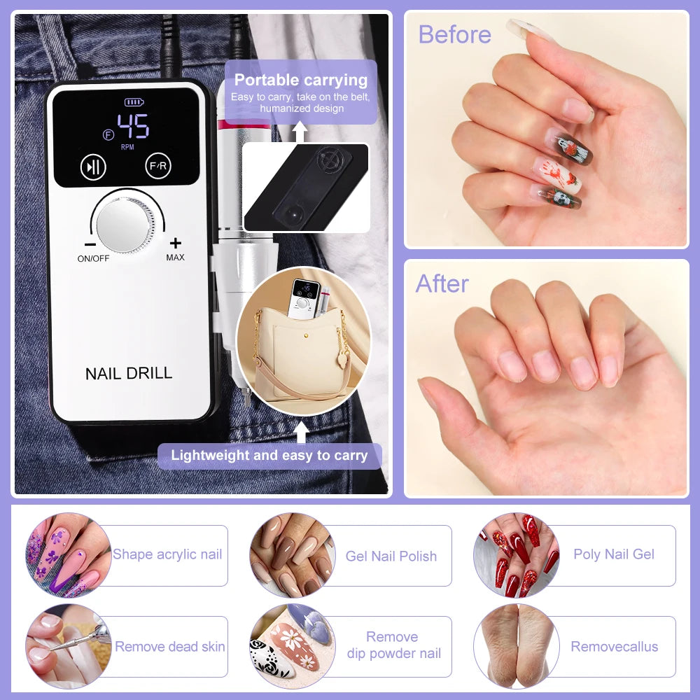 45000RPM Professional Nail Drill Machine Rechargeable Low Noise Electric Nail Drill Sander File for Manicure Gel  Polish Tool    Home Decor Supply | Online Retail | ShoreShopper.com