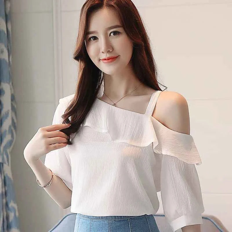 Women's Shirt Tops One-Shoulder Ruffles Short-sleeved Chiffon Blouse
