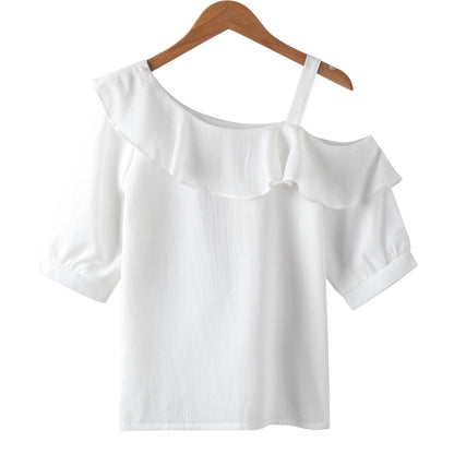 Women's Shirt Tops One-Shoulder Ruffles Short-sleeved Chiffon Blouse    Your Coastal Marketplace | Shoreshopper.com
