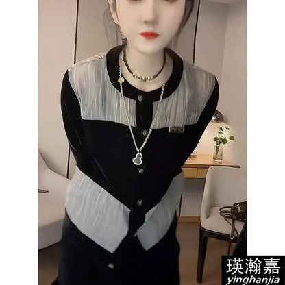 Fashionable Women's Shirt 2025 Autumn New Round Neck Single-breasted Cardigan Spliced   sequin Velvet Shirt