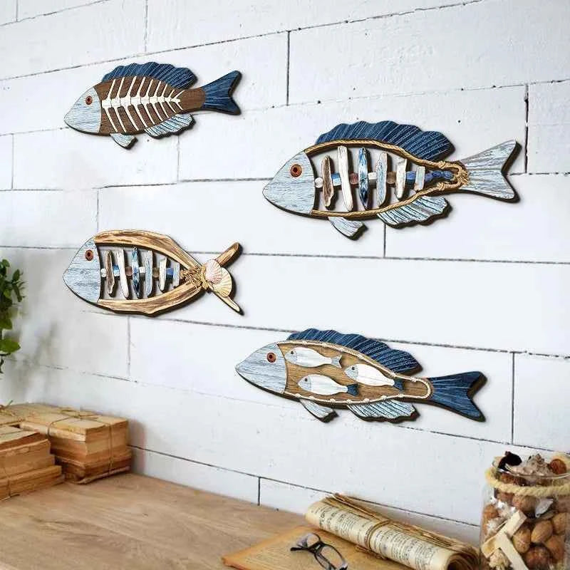 4pcs/set Ocean Fish Wall Decor Wooden Carving Art Marine Style Wood Wall Hanging Sculpture for Home Room Decoration