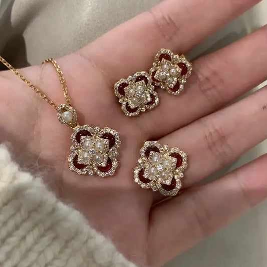 Classic and showy luxury red flower bridal jewelry sets for women exquisite pearl red chalcedony earrings rings necklace    Home Decor Supply | Online Retail | ShoreShopper.com
