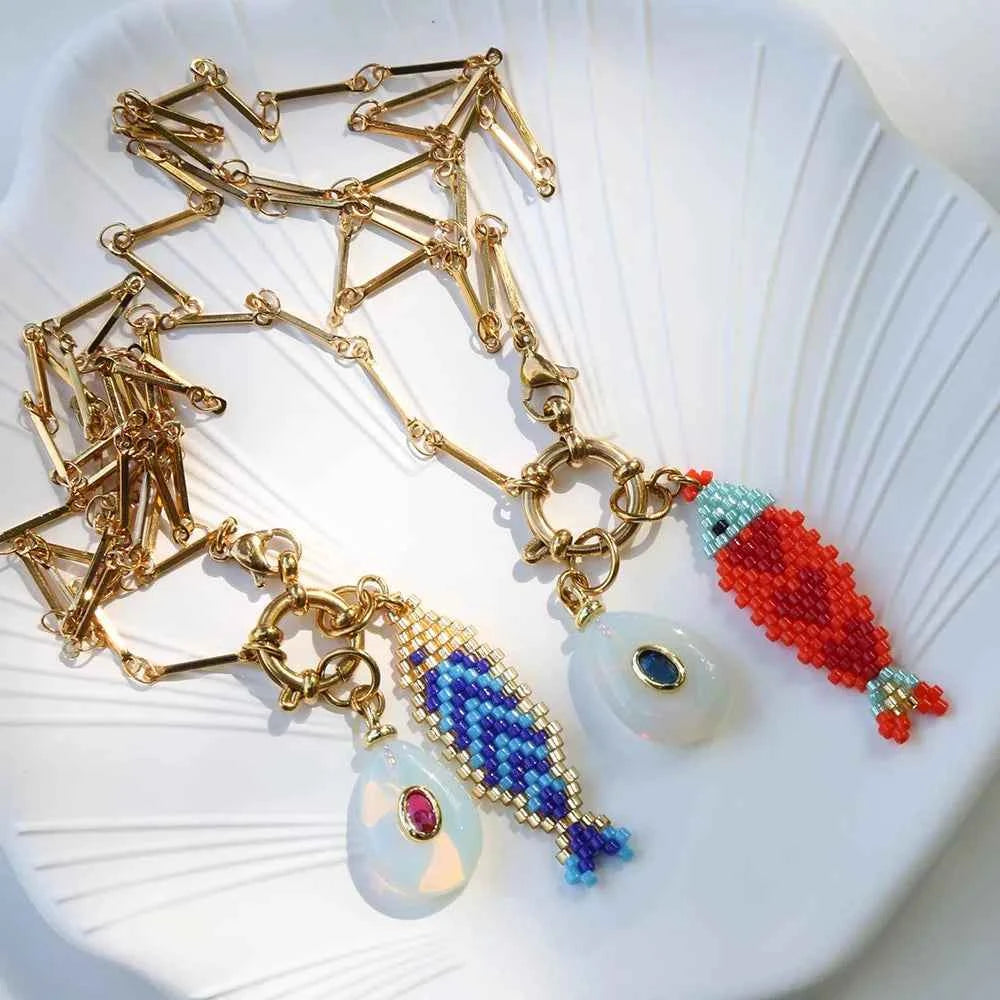 2026 Summer Beach Ocean Accessories hand knitting colorful Fish Pendant Color Preserved Stainless Steel Color Preserved Necklace