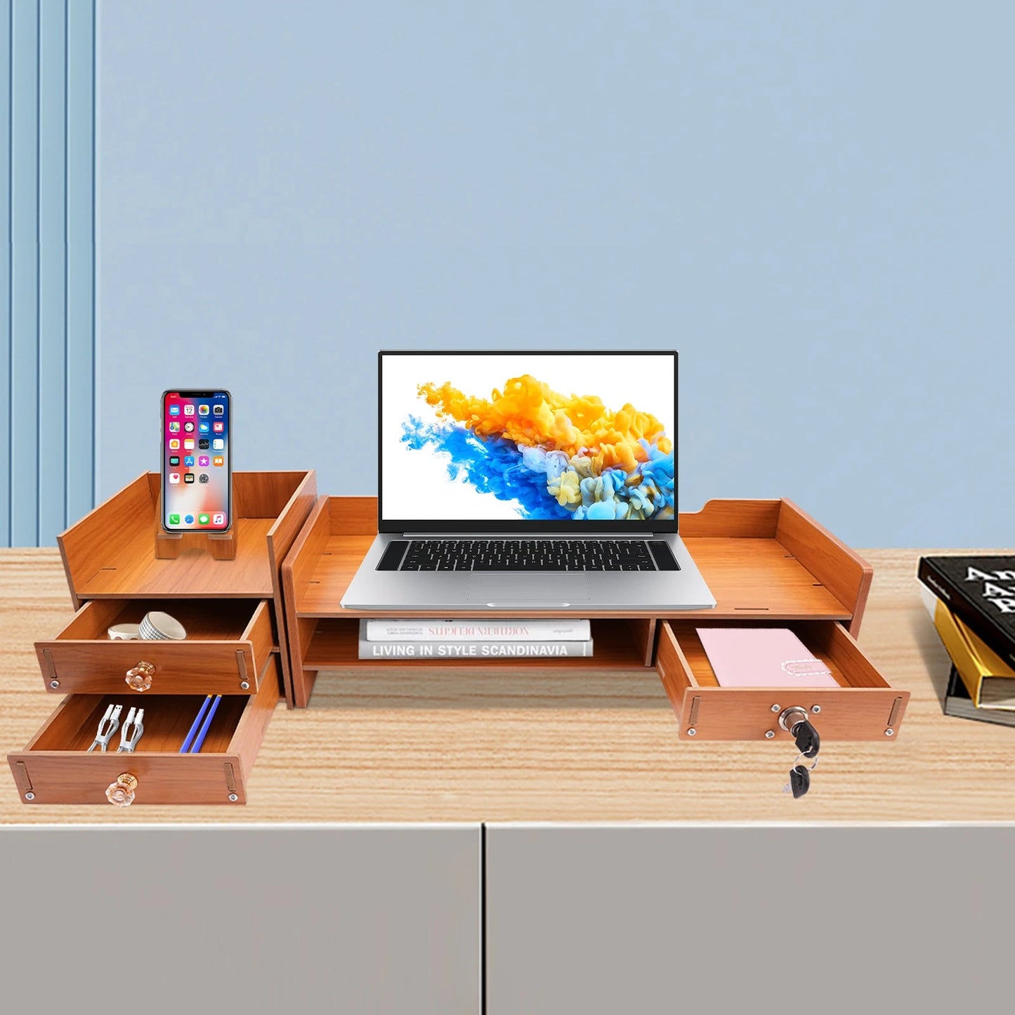 Wooden Desk Organizer W/ Drawer File Storage Desk Monitor Riser Computer Stand    Home Decor Supply | Online Retail | ShoreShopper.com