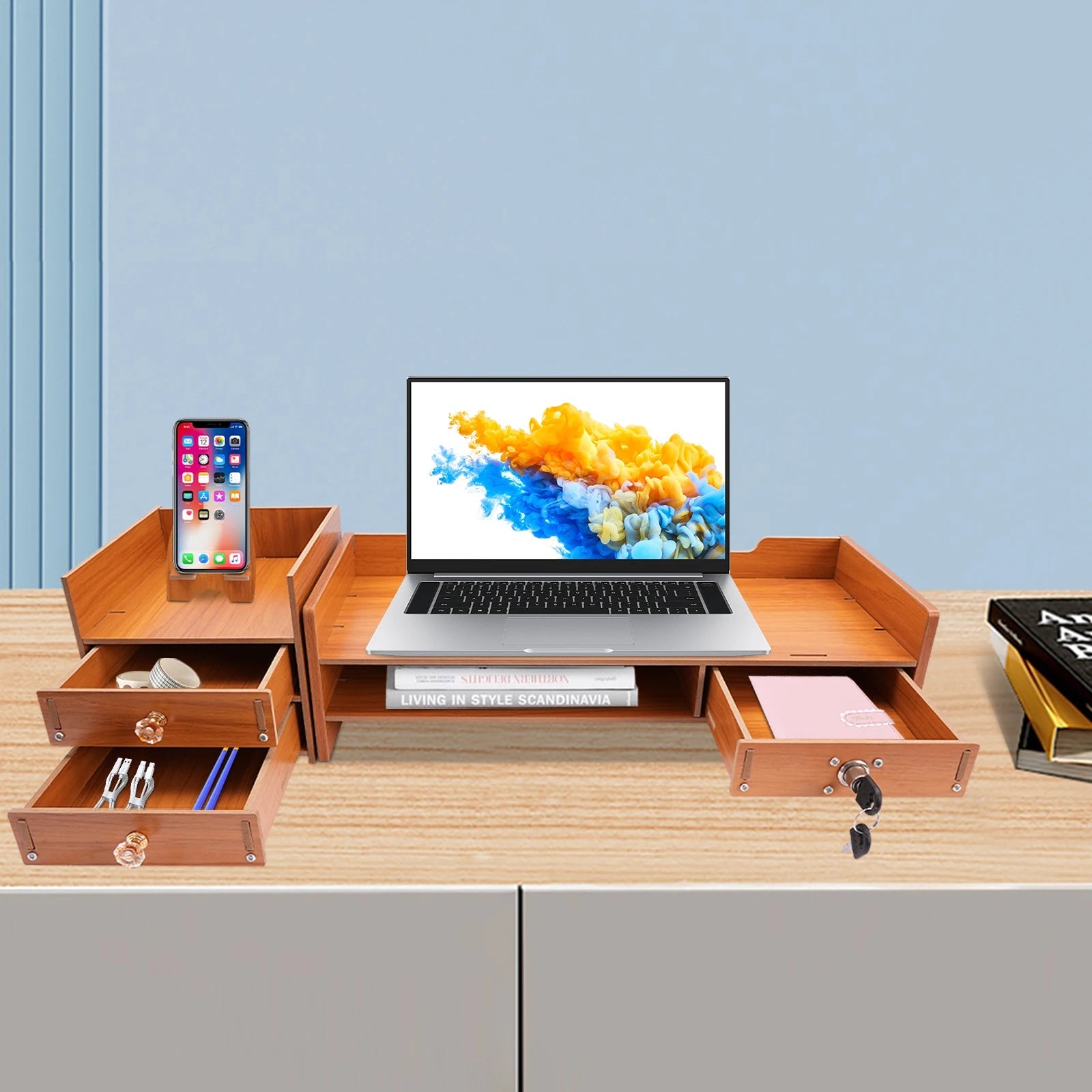 Wooden Desk Organizer W/ Drawer File Storage Desk Monitor Riser Computer Stand    Home Decor Supply | Online Retail | ShoreShopper.com