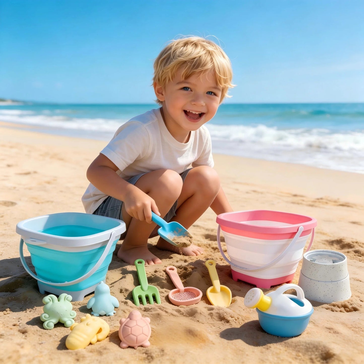 Beach Toy Set for Kids, Collapsible Silicone Bucket and Shovels Set with Sand Molds, Beach Essentials for Outdoor Play Summer    Your Coastal Marketplace | Shoreshopper.com