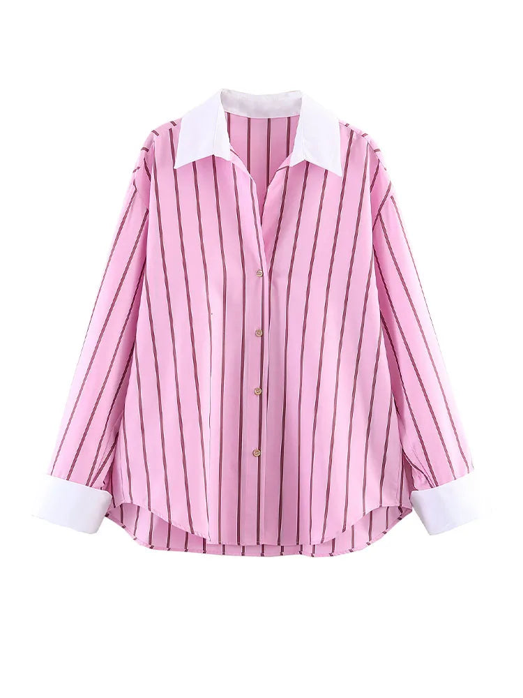 HH Women Spring Casual Shirt Pink Striped Lapel Long Sleeve Single Breasted Fashion Female Elegant Loose Versatile Blouse Mujer    Your Coastal Marketplace | Shoreshopper.com