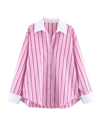 HH Women Spring Casual Shirt Pink Striped Lapel Long Sleeve Single Breasted Fashion Female Elegant Loose Versatile Blouse Mujer    Your Coastal Marketplace | Shoreshopper.com