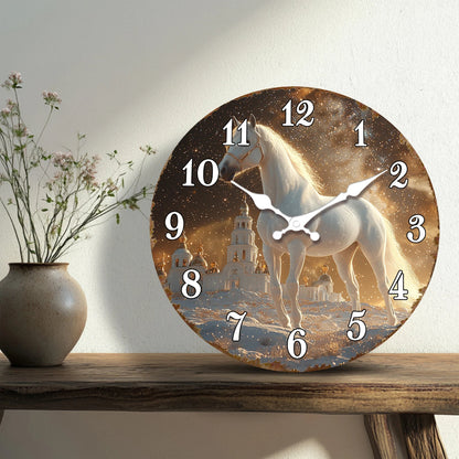 White Horse in Snowy Landscape Round Wall Clock, Ethereal Equine Art Decorative Clock, Dreamy Winter Scene Timepiece for Wall Ar    Home Decor Supply | Online Retail | ShoreShopper.com