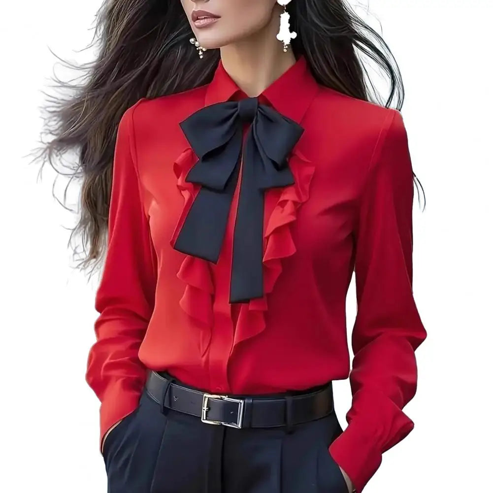 Women Shirts 2026 Spring Autumn Women Shirt Lapel Bow Ruffle Design Long Sleeve Shirt Tops Buttons Closure Shirt Blouses Tops    Your Coastal Marketplace | Shoreshopper.com