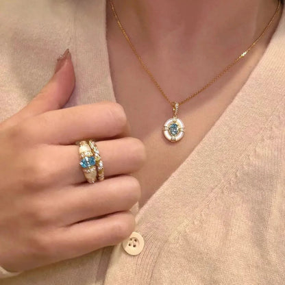 Classic blue jewelry sets dreamy aquamarine gem White Fritillaria ring necklace High quality palace style retro wedding gift    Home Decor Supply | Online Retail | ShoreShopper.com