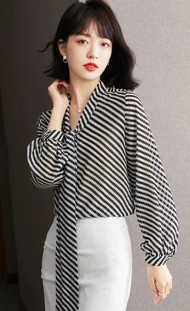 Striped Women's Shirt And Blouse Casual Youth Clothing Trend 2025 Novelty Streetwear Vintage Modern Long New V Neck Female Tops    Your Coastal Marketplace | Shoreshopper.com