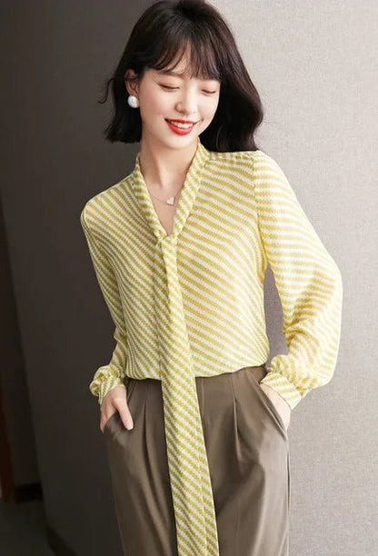 Striped Women's Shirt And Blouse Casual Youth Clothing Trend 2025 Novelty Streetwear Vintage Modern Long New V Neck Female Tops    Your Coastal Marketplace | Shoreshopper.com